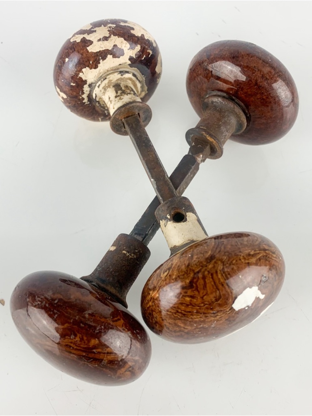 Four Antique Brown Marble Swirl Tiger Eye Bennington Porcelain Door Knobs